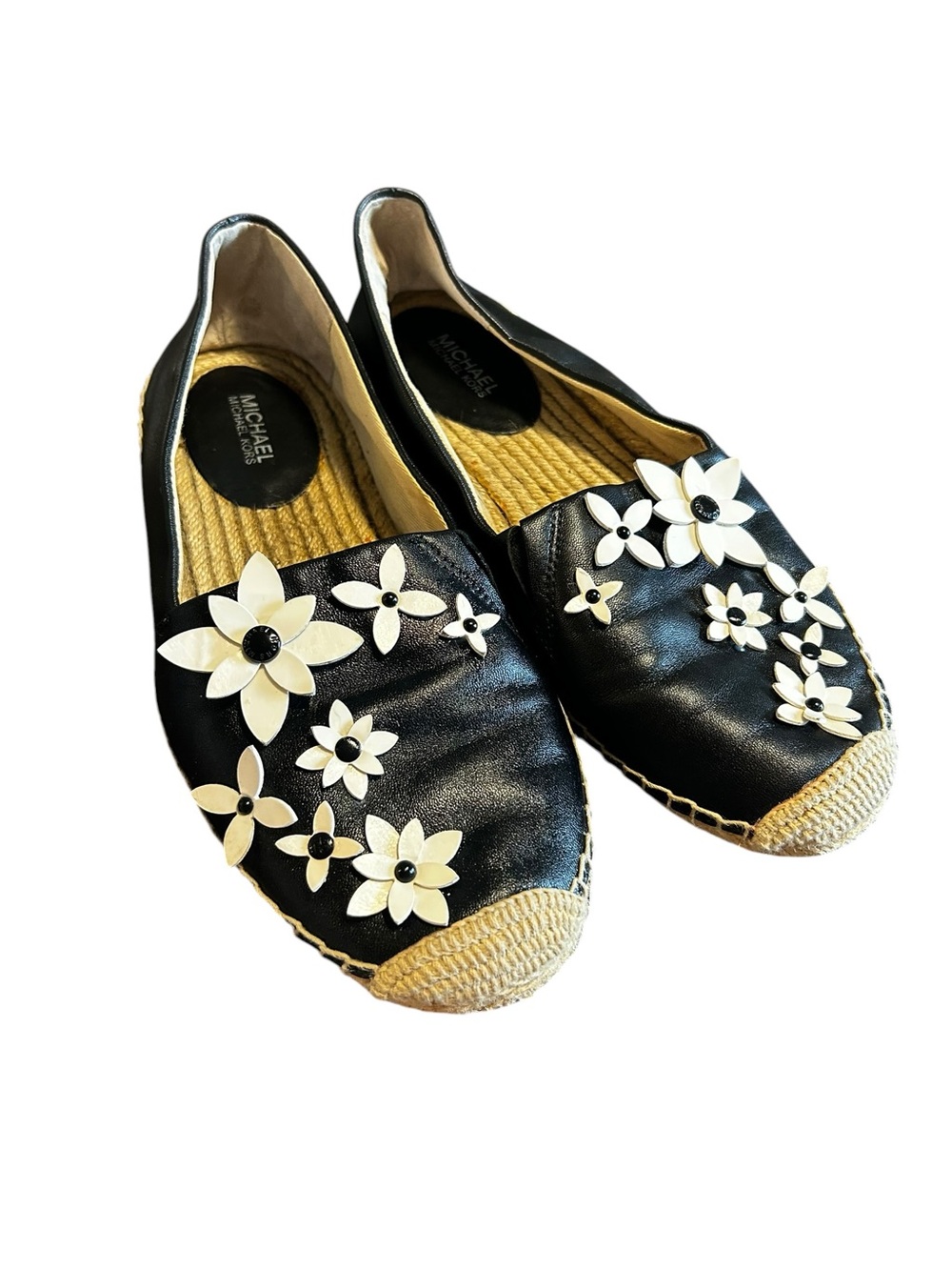 MICHAEL Michael Kors Floral Leather Espadrille Flats Black White Size 6.5M